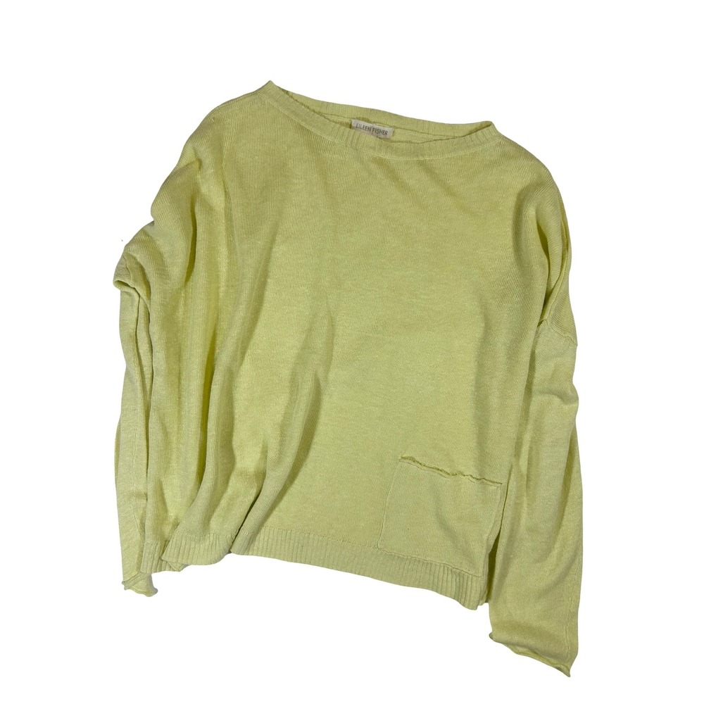 Eileen Fisher Organic Linen Knit Sweater Chartreuse Yellow FauxPocket Boxy XS TP